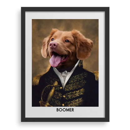 The Prince custom pet portrait by Paw-Pixie, showing a smiling brown dog in royal costume with a black frame.