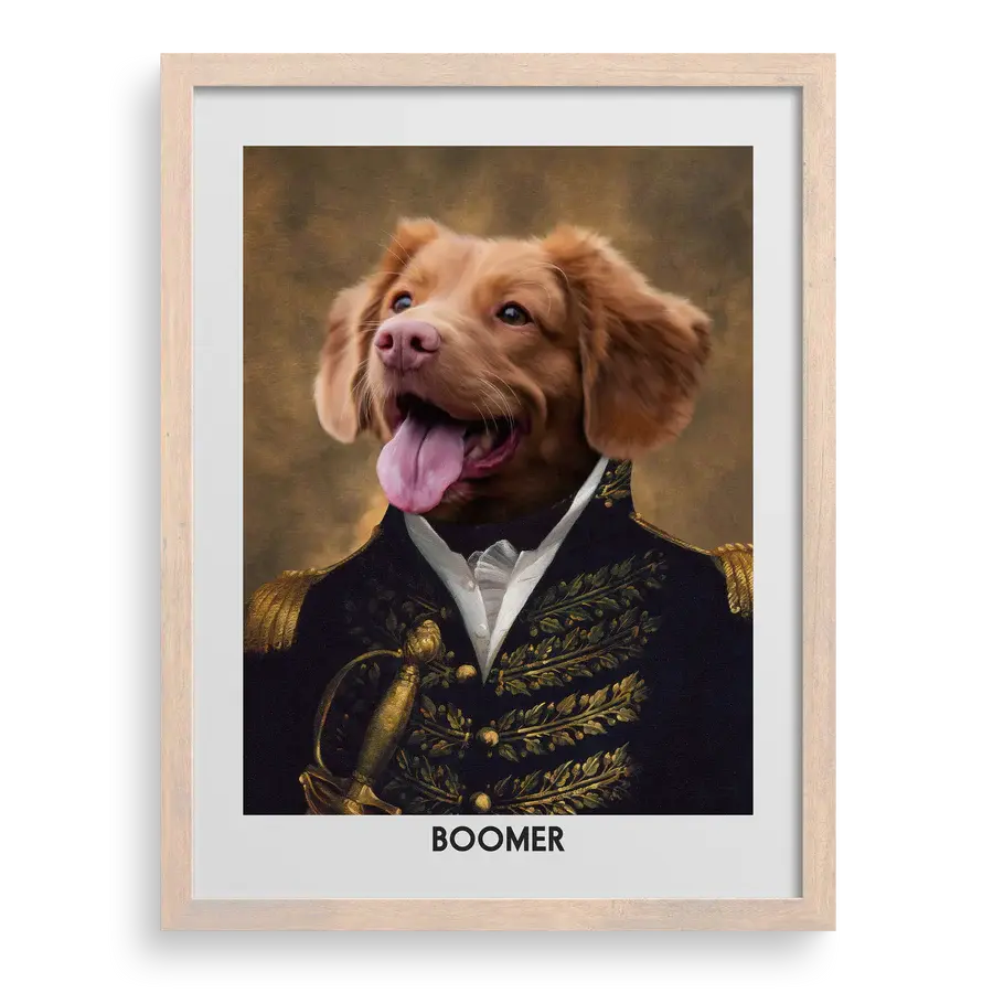 The Prince Custom Pet Portrait of one dog (Boomer) by Paw-Pixie, renaissance royal style in a brown wooden frame.