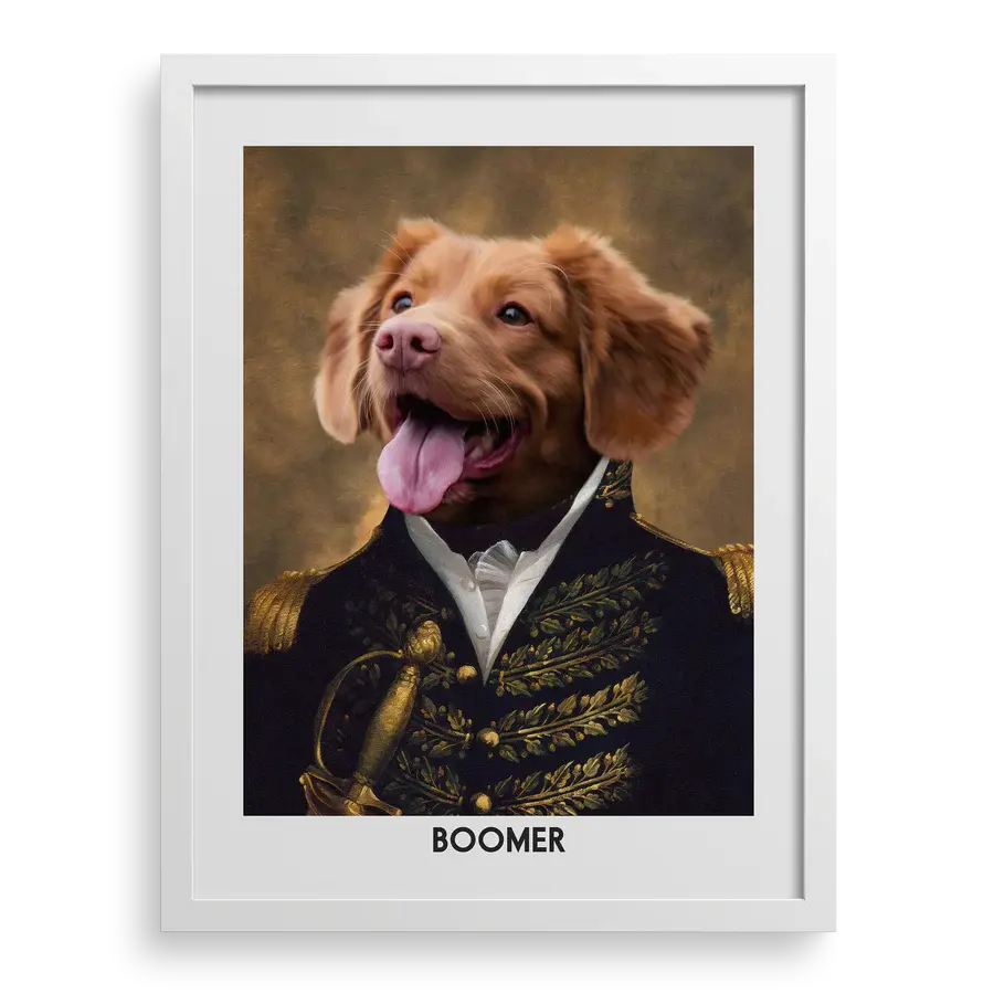 The Prince custom pet portrait by Paw-Pixie, featuring a happy brown dog in royal attire with a white frame.