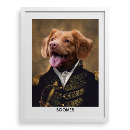 The Prince custom pet portrait by Paw-Pixie, featuring a happy brown dog in royal attire with a white frame.