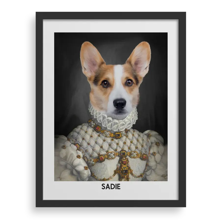Custom pet portrait "The Proper Lady" by Paw-Pixie in a black frame, featuring a royal-style corgi named Sadie.