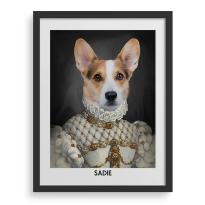 Custom pet portrait "The Proper Lady" by Paw-Pixie in a black frame, featuring a royal-style corgi named Sadie.