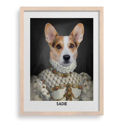 The Proper Lady Custom Pet Portrait with Brown frame by Paw-Pixie, featuring a regal corgi dressed in royal attire.