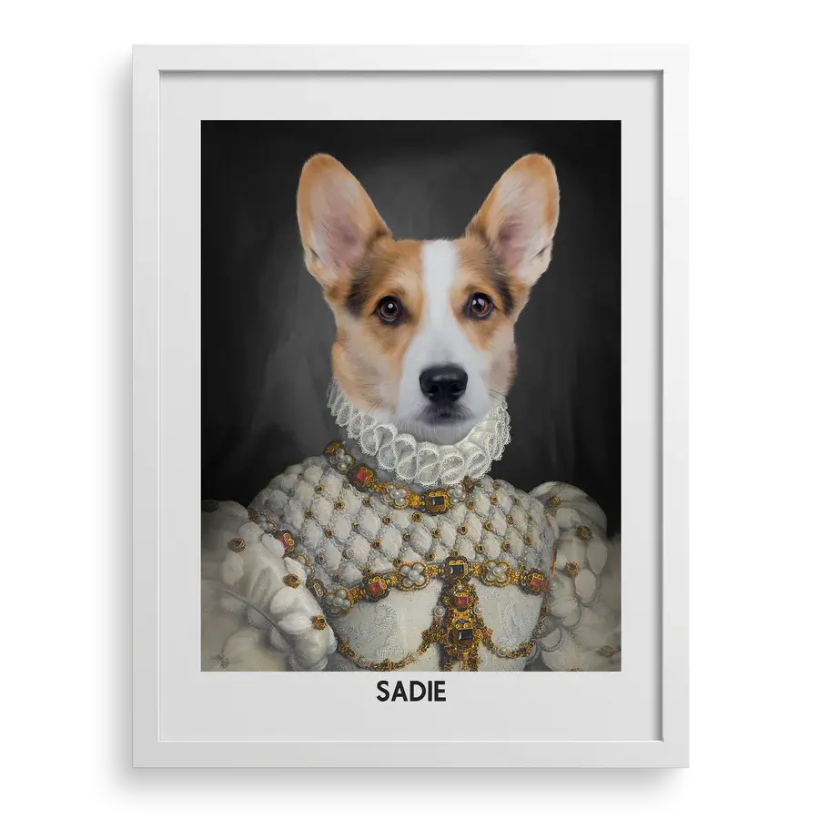 Custom pet portrait "The Proper Lady" by Paw-Pixie in a white frame, featuring a royal-style corgi named Sadie.