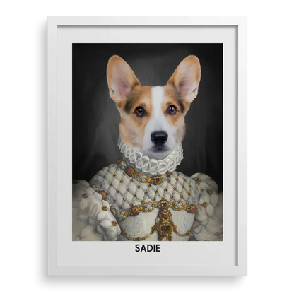Custom pet portrait "The Proper Lady" by Paw-Pixie in a white frame, featuring a royal-style corgi named Sadie.