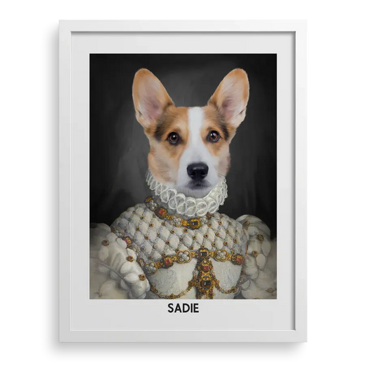 Custom pet portrait "The Proper Lady" by Paw-Pixie in a white frame, featuring a royal-style corgi named Sadie.