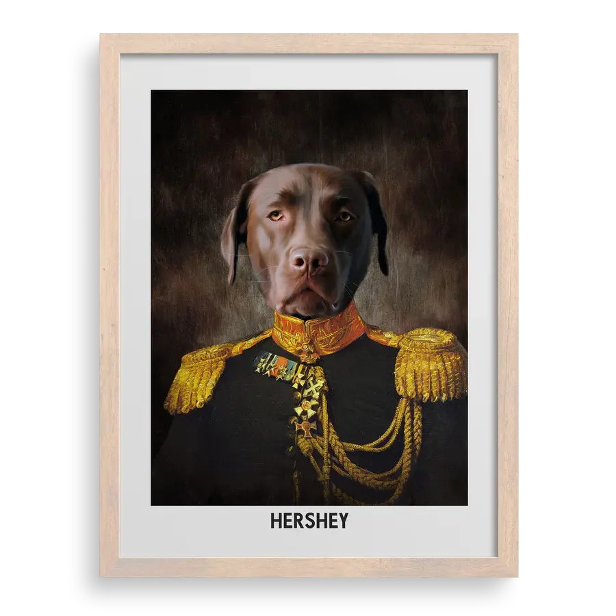 Custom pet portrait "The Regal Leader" with Natural Oak frame by Paw-Pixie.