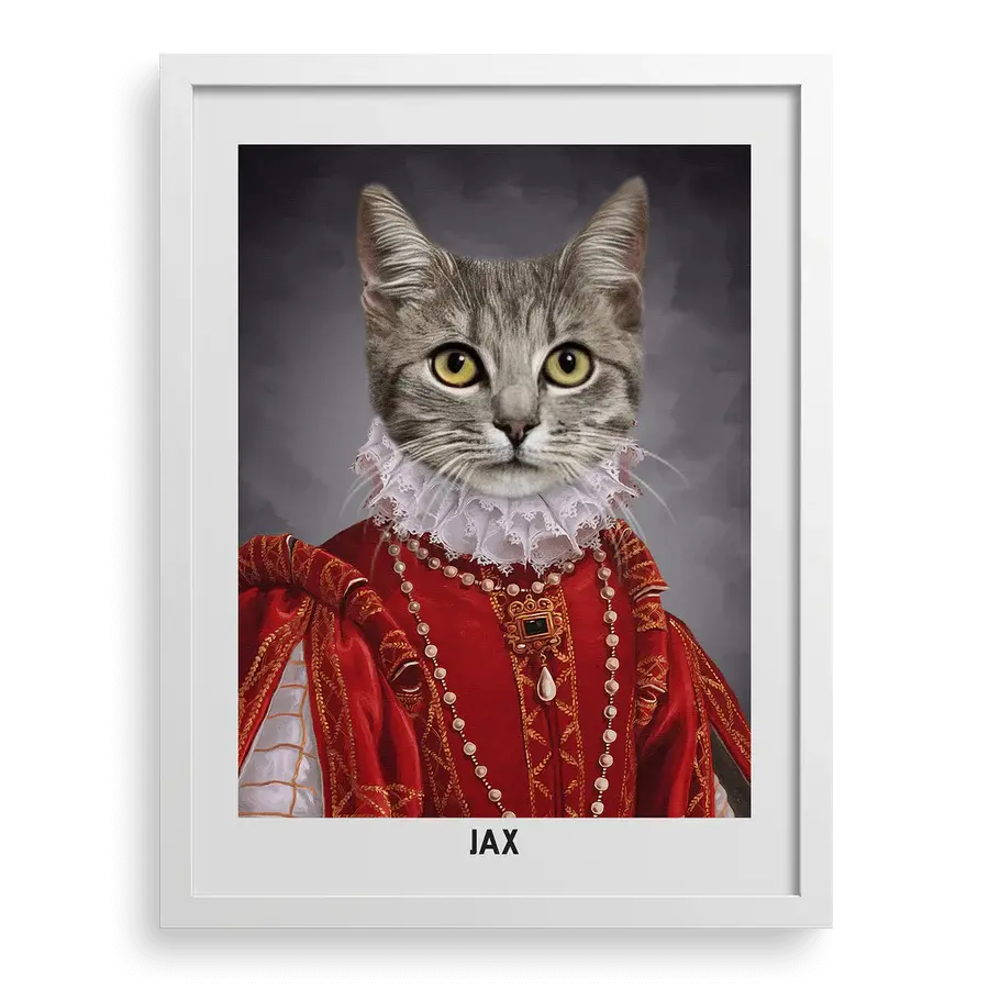 Custom pet portrait "Their Highness" with White frame by Paw-Pixie.
