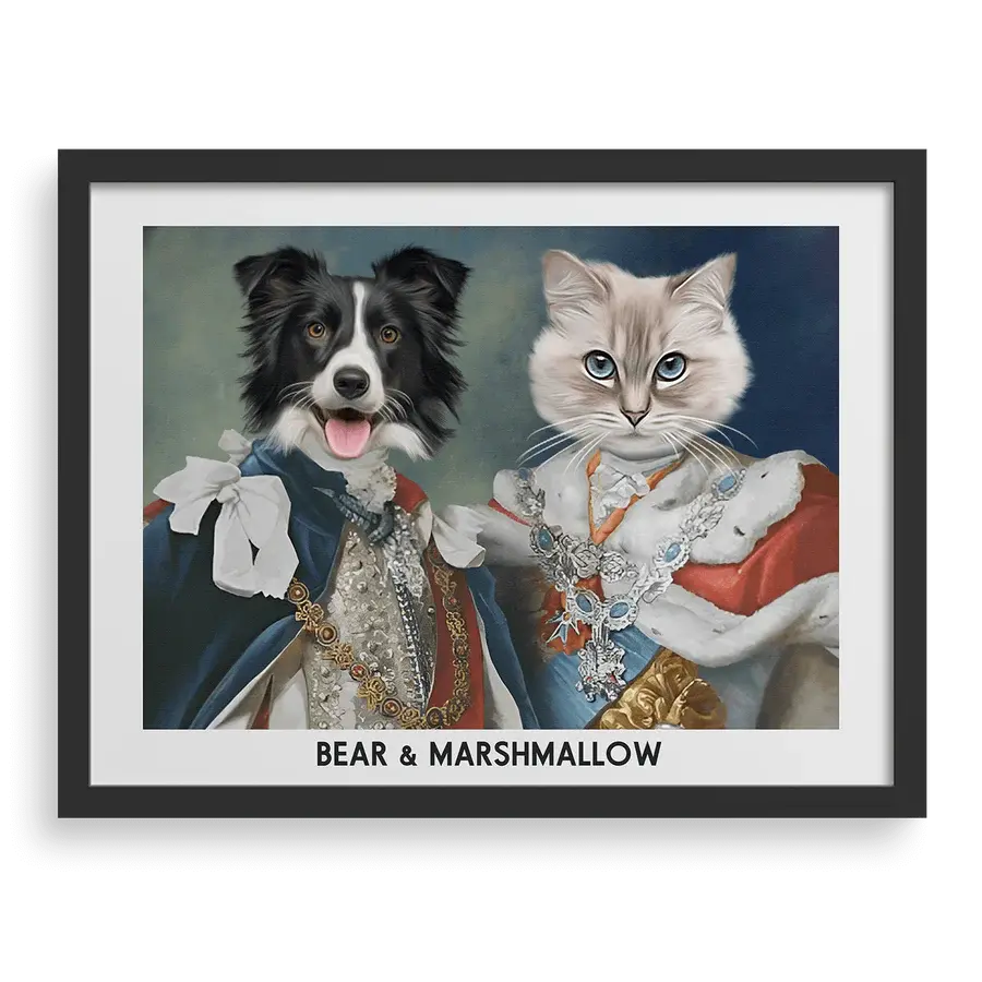 Their Majesties Custom Pet Portraits in Black Frame by Paw-Pixie, featuring two pets in royal attire.