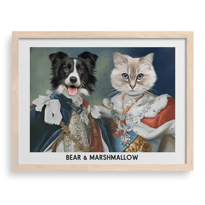 Their Majesties Custom Pet Portraits in Brown Frame by Paw-Pixie, featuring two pets in royal attire.
