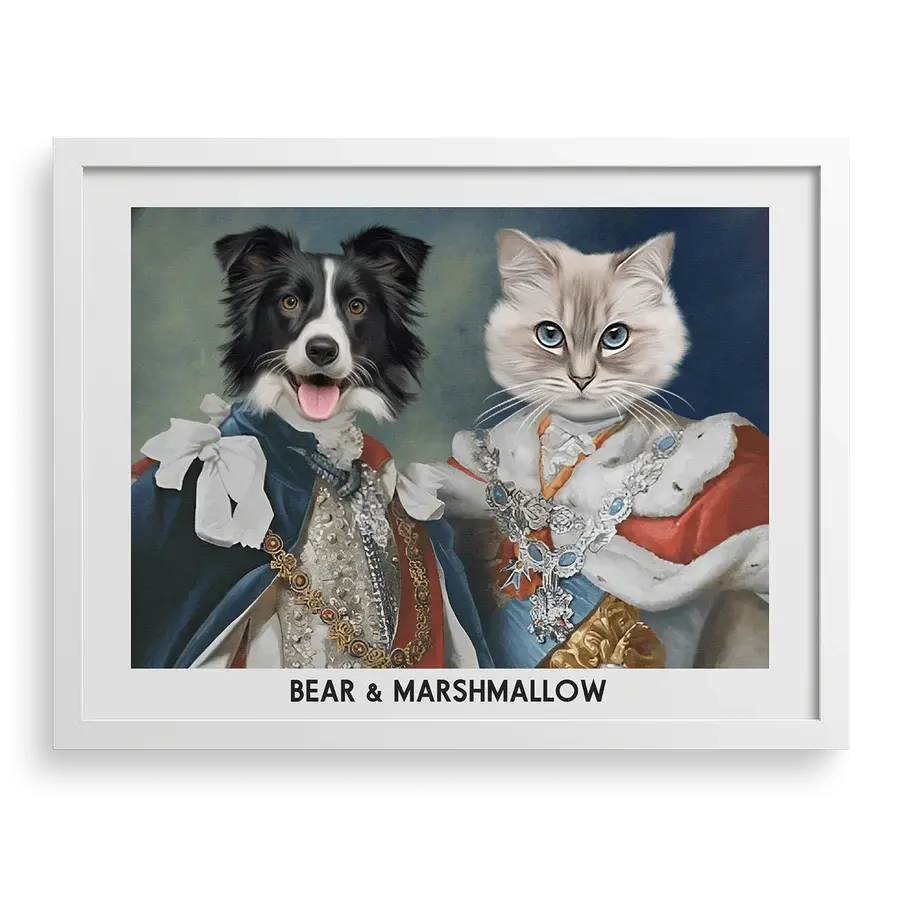 Their Majesties Custom Pet Portraits in White Frame by Paw-Pixie, featuring two pets in royal attire.