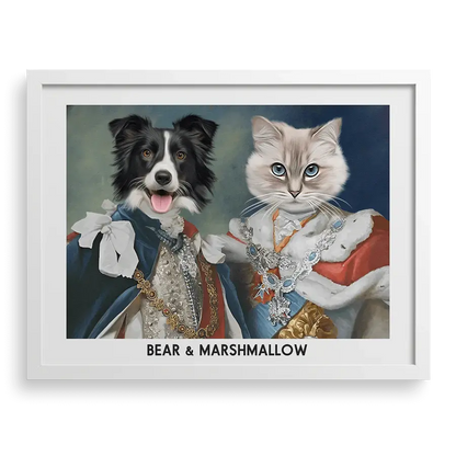 Their Majesties Custom Pet Portraits in White Frame by Paw-Pixie, featuring two pets in royal attire.