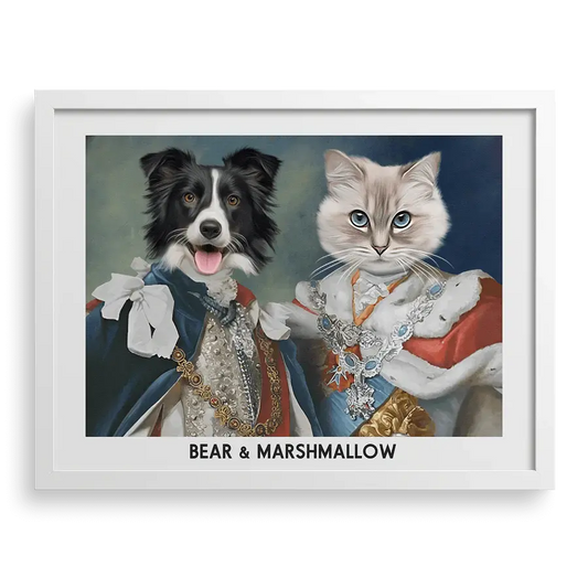 Their Majesties Custom Pet Portraits in White Frame by Paw-Pixie, featuring two pets in royal attire.