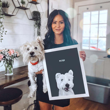 Woman holding custom portrait for one pet dog, personalised memorial gift